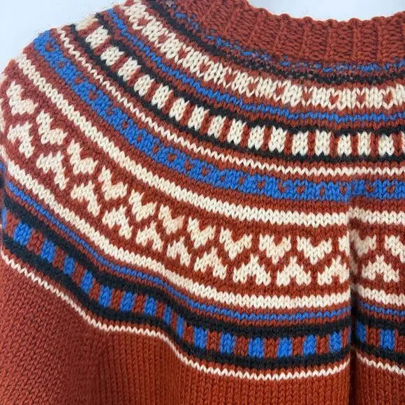 Handmade Hand Knit Women's Rusty Orange Fair Isle Cardigan Sweater Size Medium - Picture 3 of 7